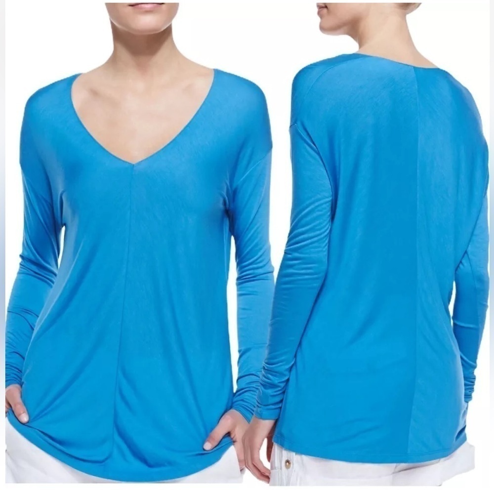 VINCE V-Neck Long Sleeve Blouse  Lightweight Tee Tunic Top Turquoise Medium
